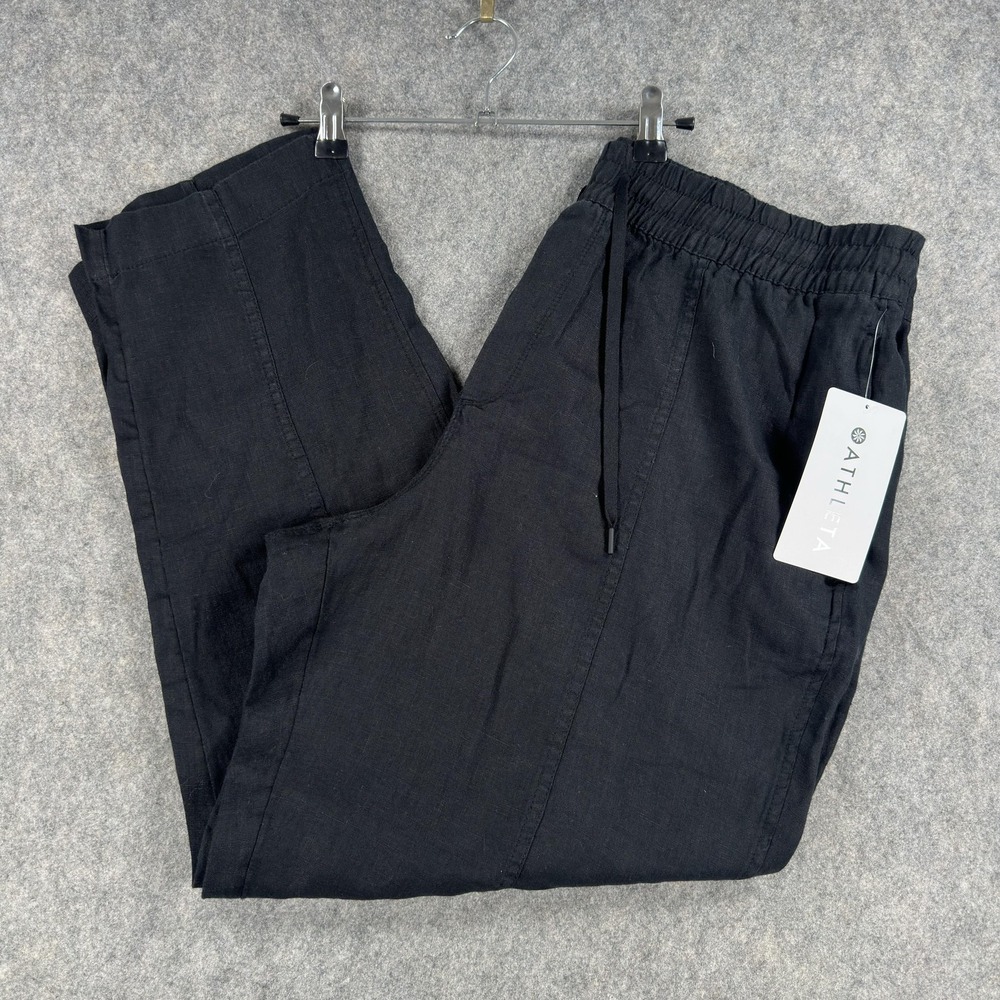 Athleta Retreat Linen Ankle Pants Womens XL Black Elastic Waist Travel Casual